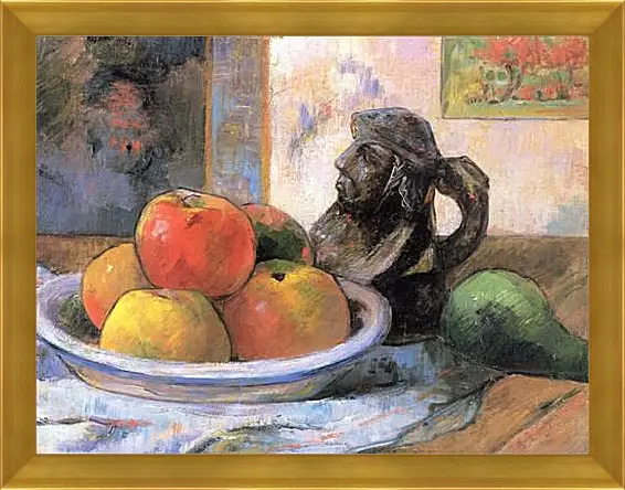 Картина в раме - Still Life with Apples, a Pear, and a Ceramic Portrait Jug. Поль Гоген