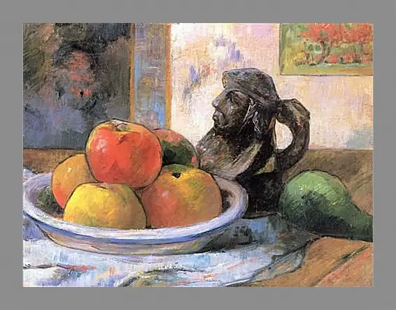 Картина в раме - Still Life with Apples, a Pear, and a Ceramic Portrait Jug. Поль Гоген