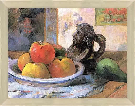 Картина в раме - Still Life with Apples, a Pear, and a Ceramic Portrait Jug. Поль Гоген