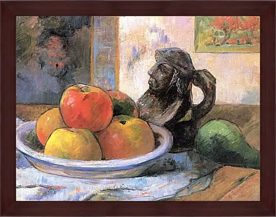 Картина в раме - Still Life with Apples, a Pear, and a Ceramic Portrait Jug. Поль Гоген