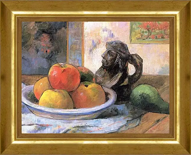 Картина в раме - Still Life with Apples, a Pear, and a Ceramic Portrait Jug. Поль Гоген