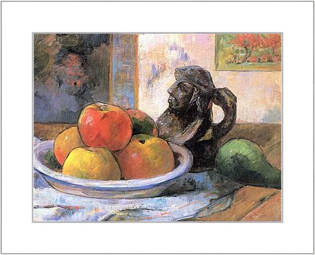 Картина в раме - Still Life with Apples, a Pear, and a Ceramic Portrait Jug. Поль Гоген