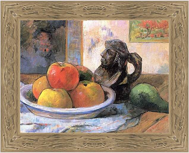 Картина в раме - Still Life with Apples, a Pear, and a Ceramic Portrait Jug. Поль Гоген