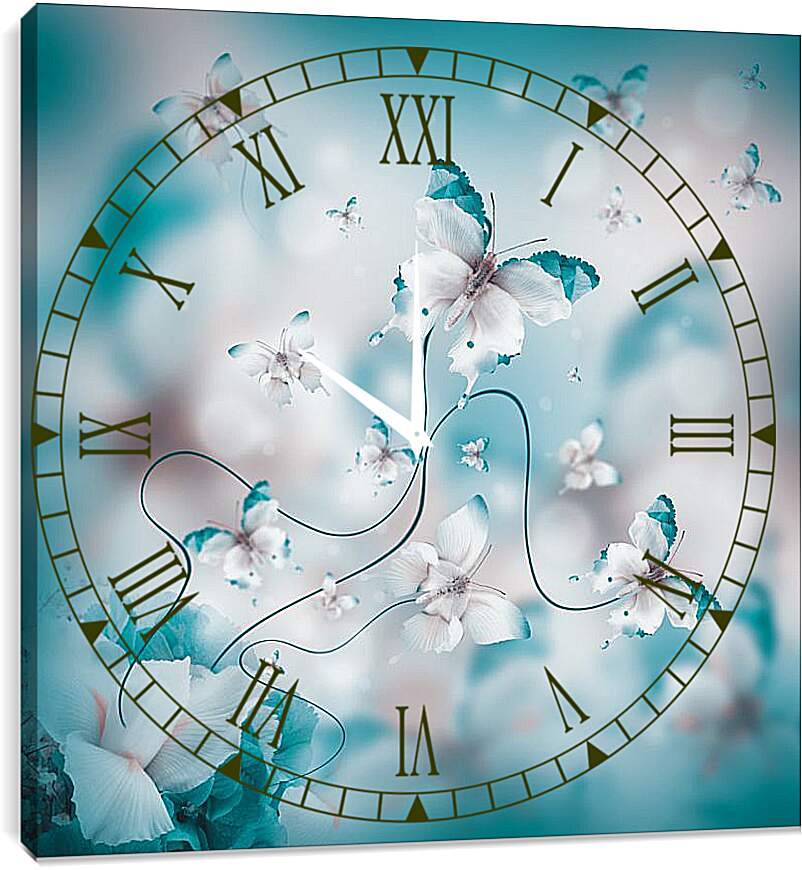 Часы картина - Бело-бирюзовые бабочки