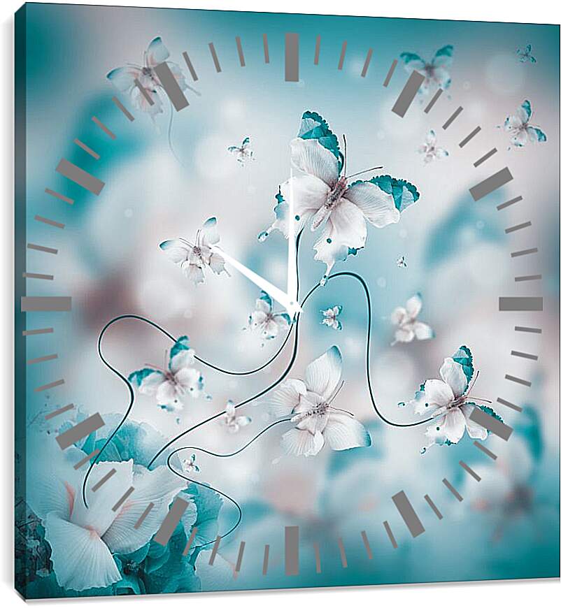 Часы картина - Бело-бирюзовые бабочки