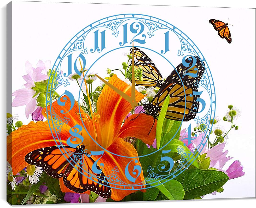 Часы картина - Бабочки на цветке
