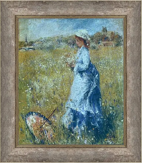 Картина в раме - Girl Gathering Flowers. Пьер Огюст Ренуар