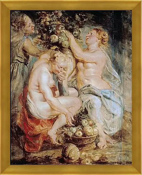 Картина в раме - Ceres and Two Nymphs with a Cornucopia. Питер Пауль Рубенс