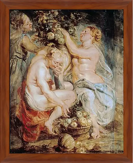 Картина в раме - Ceres and Two Nymphs with a Cornucopia. Питер Пауль Рубенс