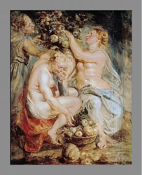 Картина в раме - Ceres and Two Nymphs with a Cornucopia. Питер Пауль Рубенс