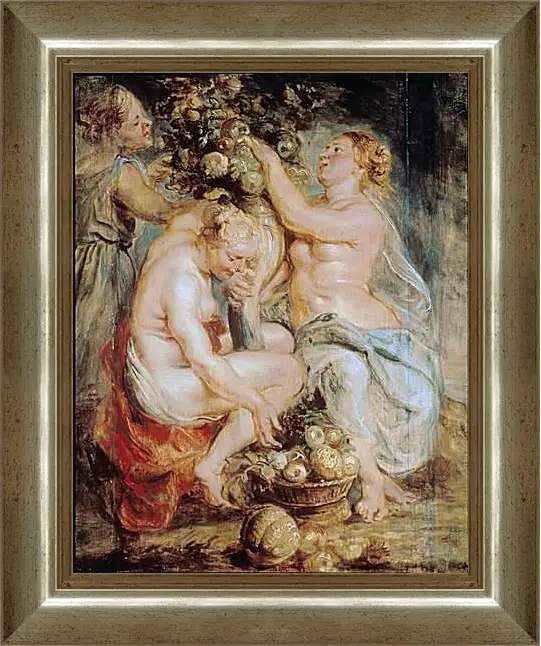 Картина в раме - Ceres and Two Nymphs with a Cornucopia. Питер Пауль Рубенс