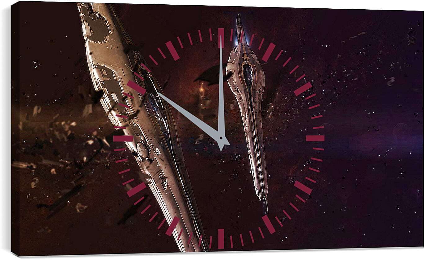 Часы картина - Космические корабли и осколки астероида вокруг