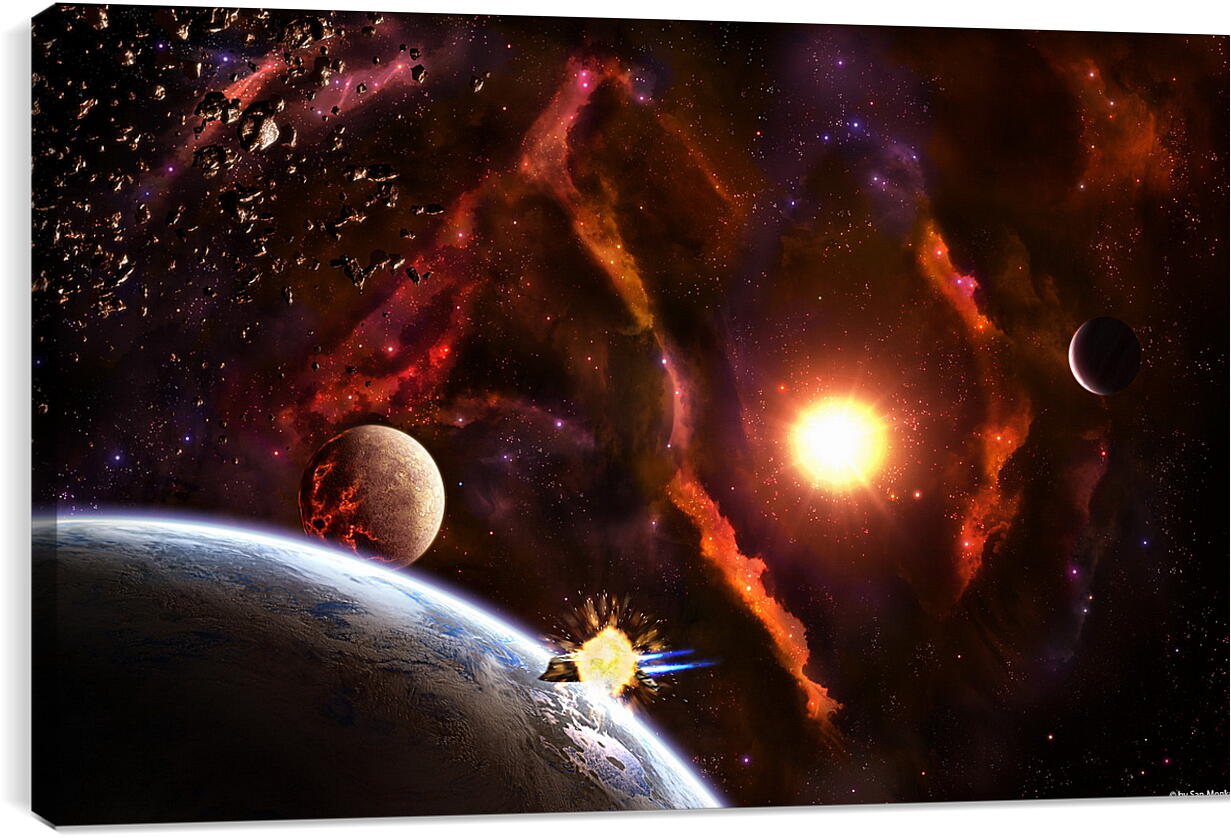 Постер и плакат - Планеты разных размеров в яркой галактике