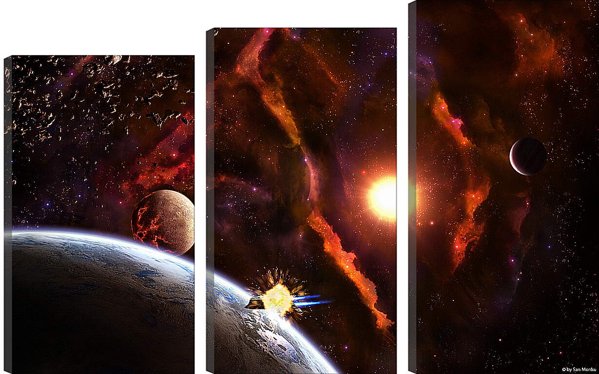 Модульная картина - Планеты разных размеров в яркой галактике