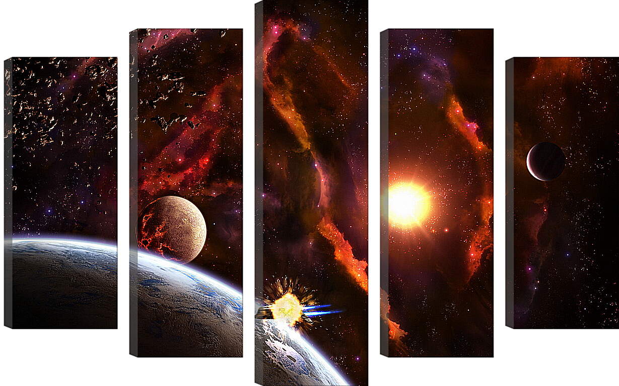 Модульная картина - Планеты разных размеров в яркой галактике