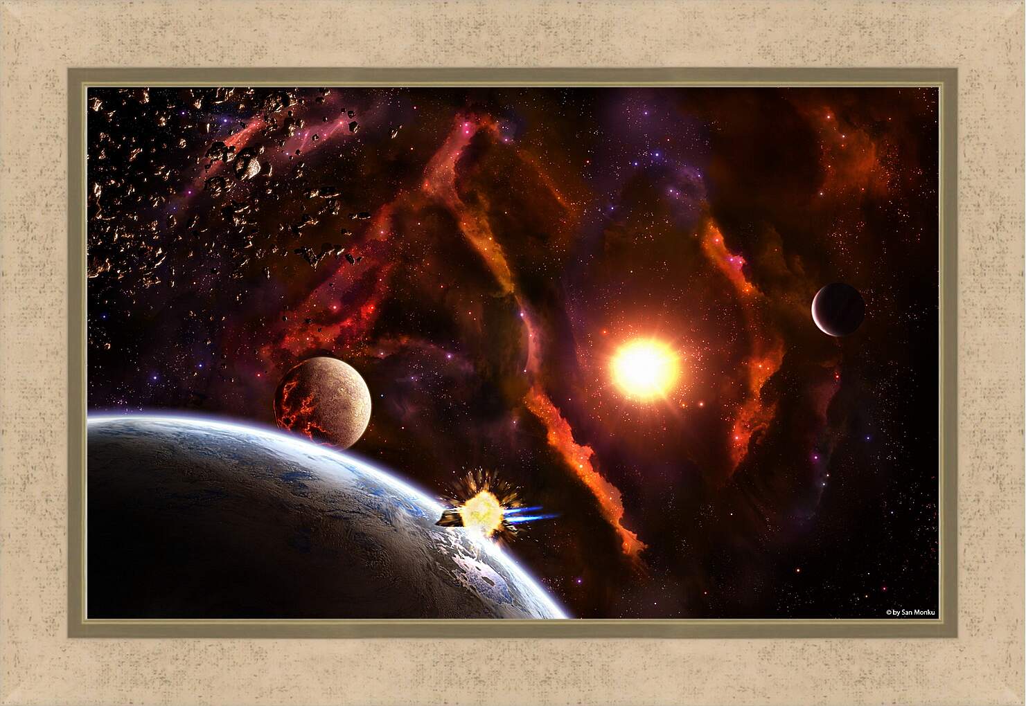 Картина в раме - Планеты разных размеров в яркой галактике