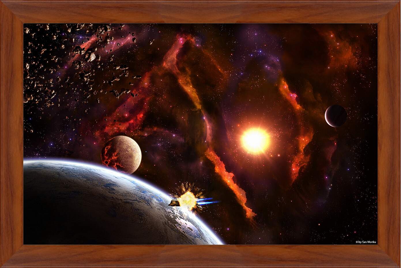 Картина в раме - Планеты разных размеров в яркой галактике
