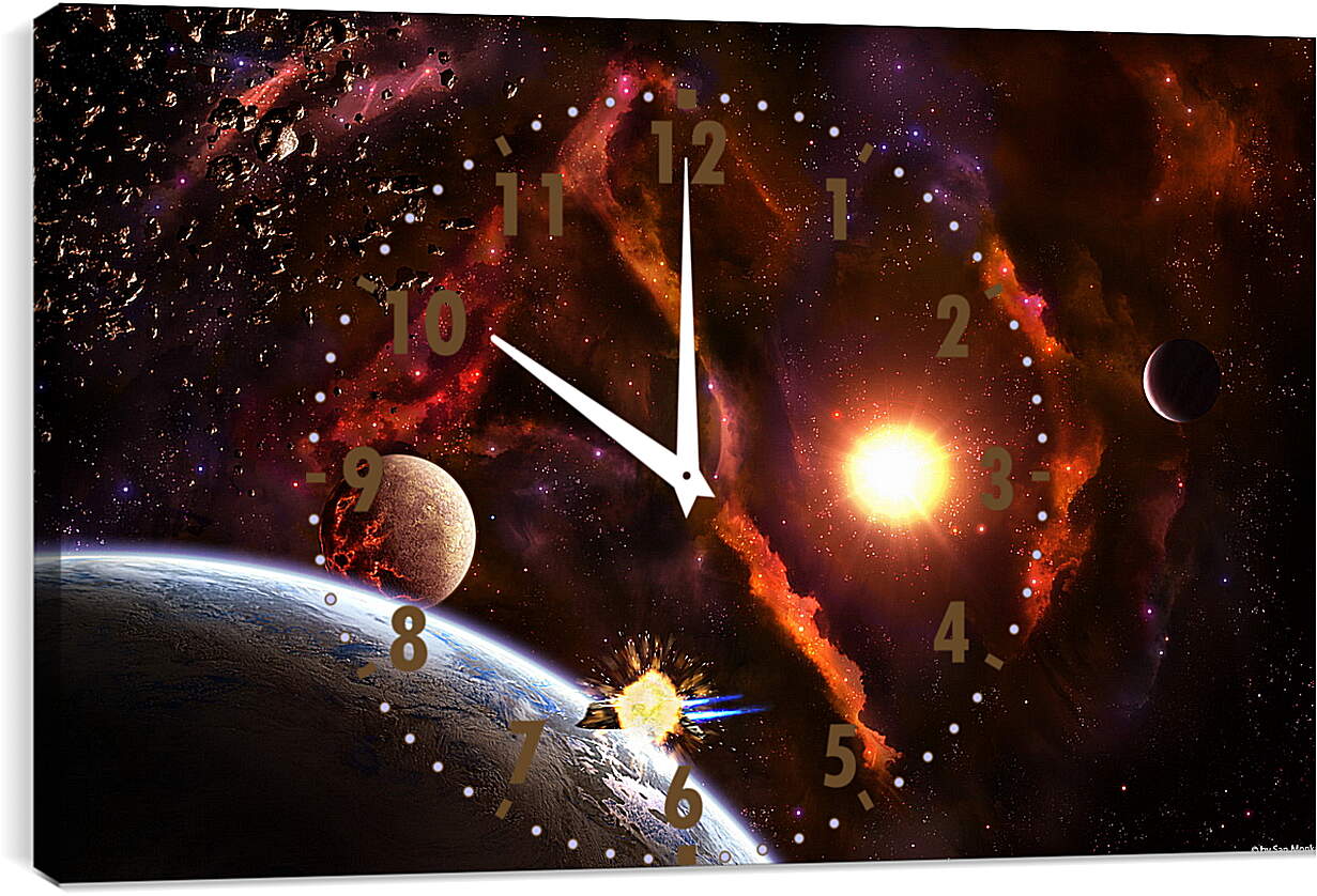 Часы картина - Планеты разных размеров в яркой галактике