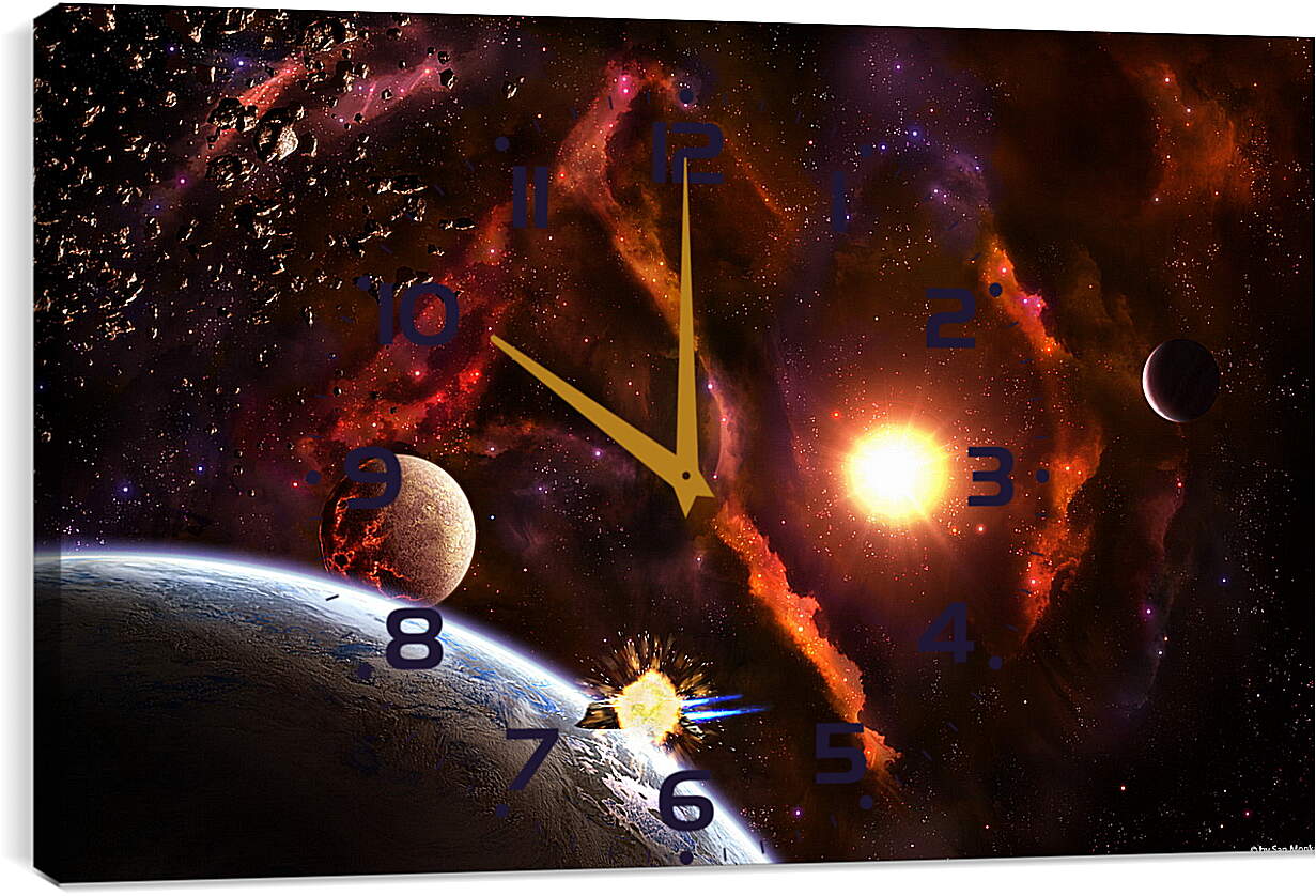 Часы картина - Планеты разных размеров в яркой галактике