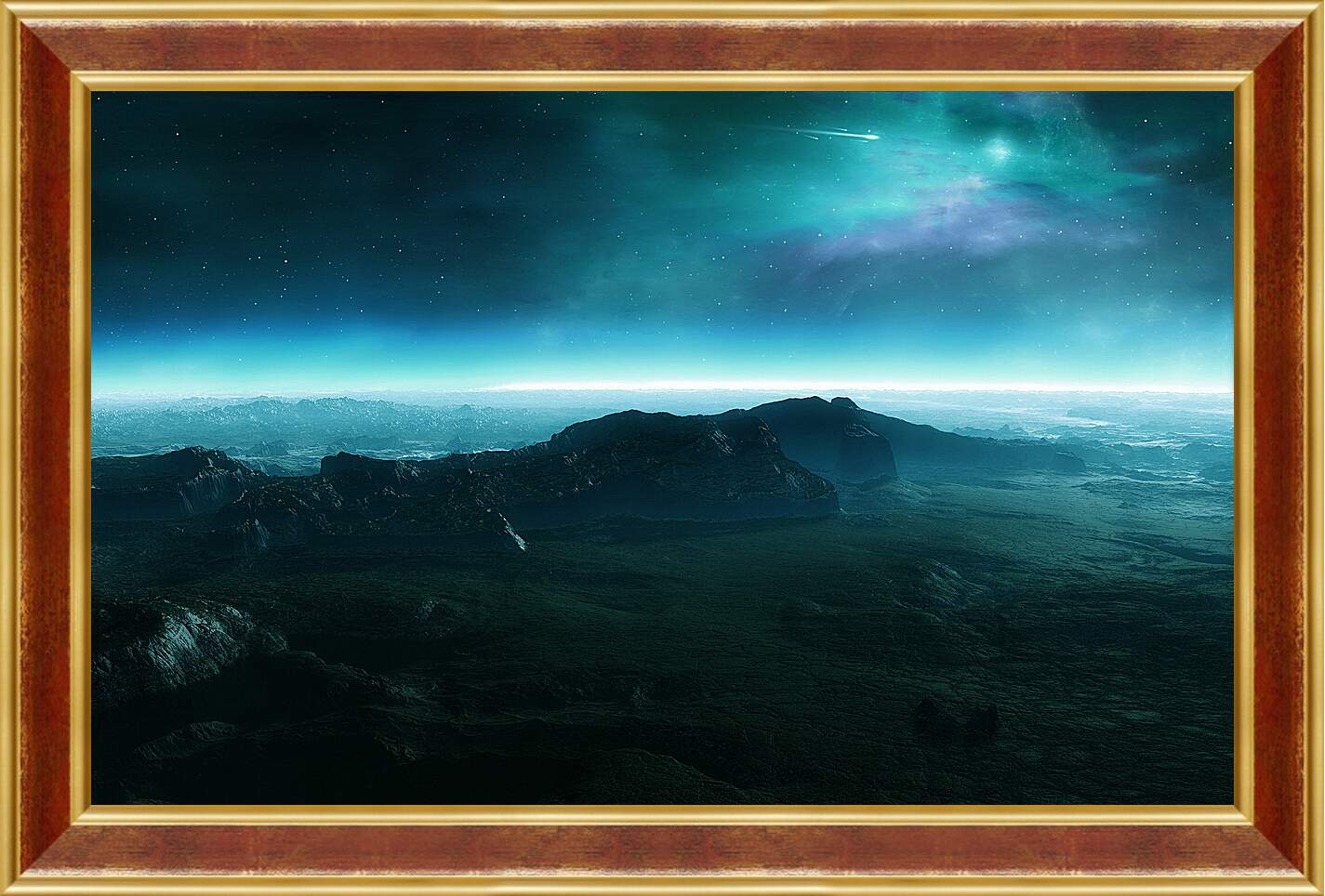 Картина в раме - Северное сияние над поверхностью планеты