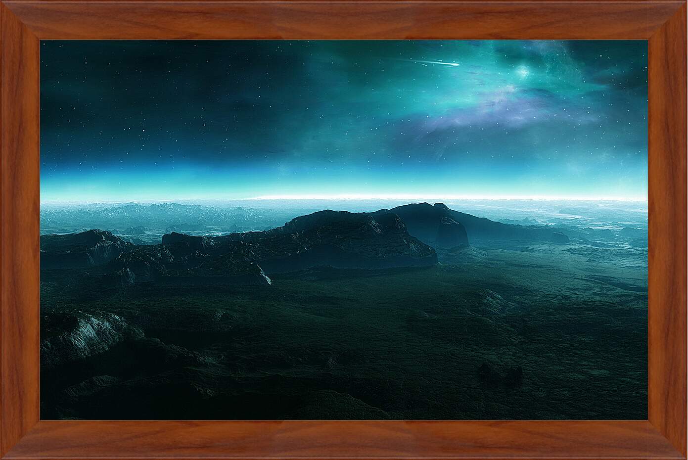 Картина в раме - Северное сияние над поверхностью планеты