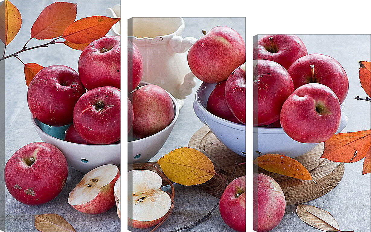 Модульная картина - Яблоки на столе и в тарелках