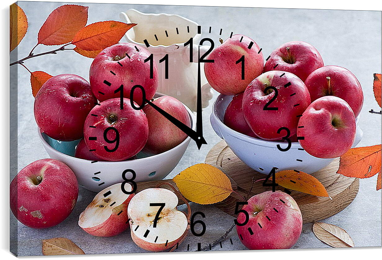 Часы картина - Яблоки на столе и в тарелках