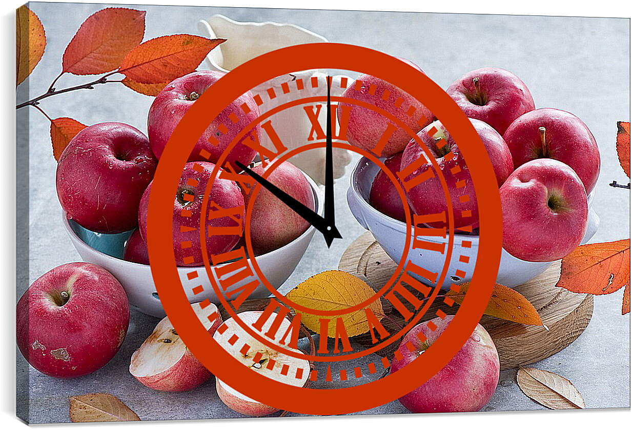 Часы картина - Яблоки на столе и в тарелках