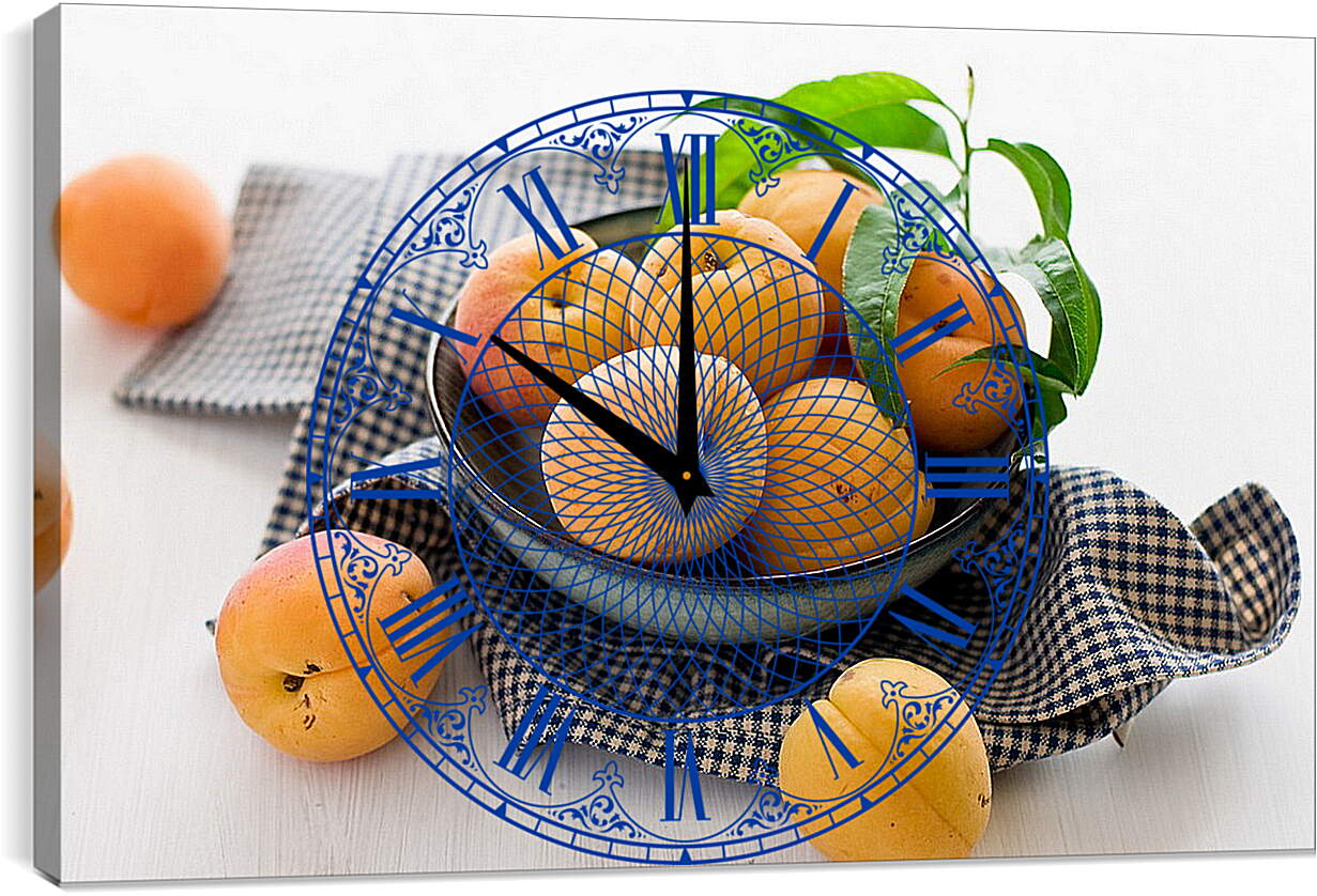 Часы картина - Абрикосы с листьями в тарелке