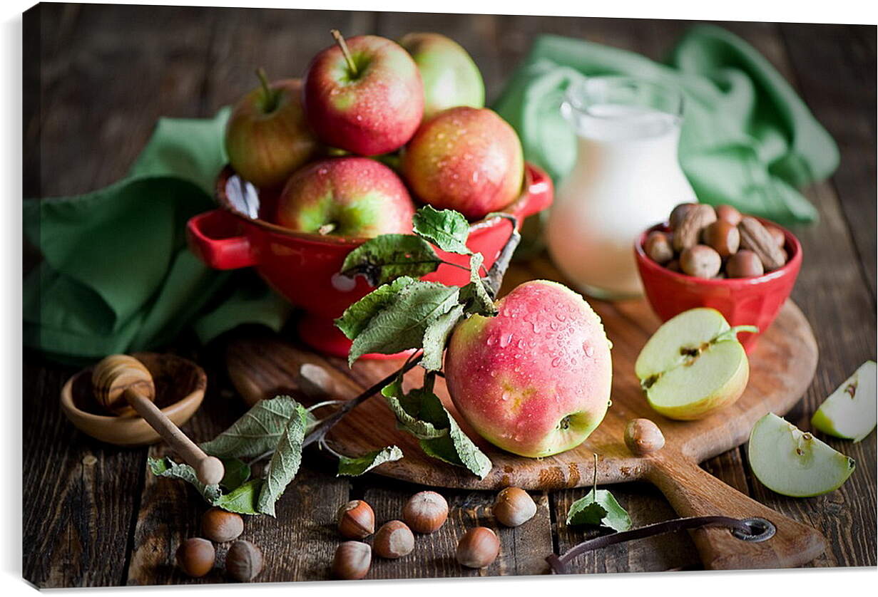 Постер и плакат - Яблоки, орехи и кувшин молока