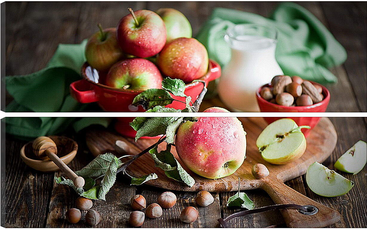 Модульная картина - Яблоки, орехи и кувшин молока