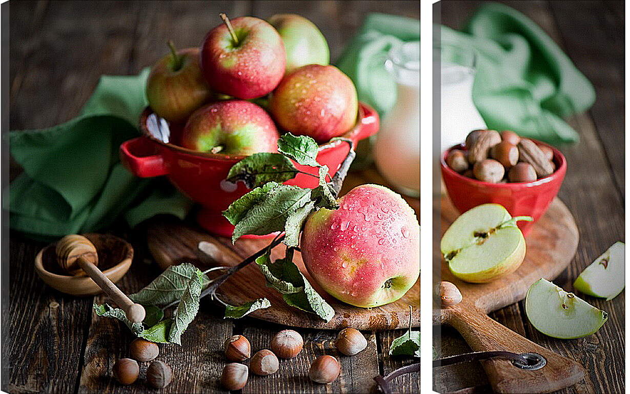 Модульная картина - Яблоки, орехи и кувшин молока