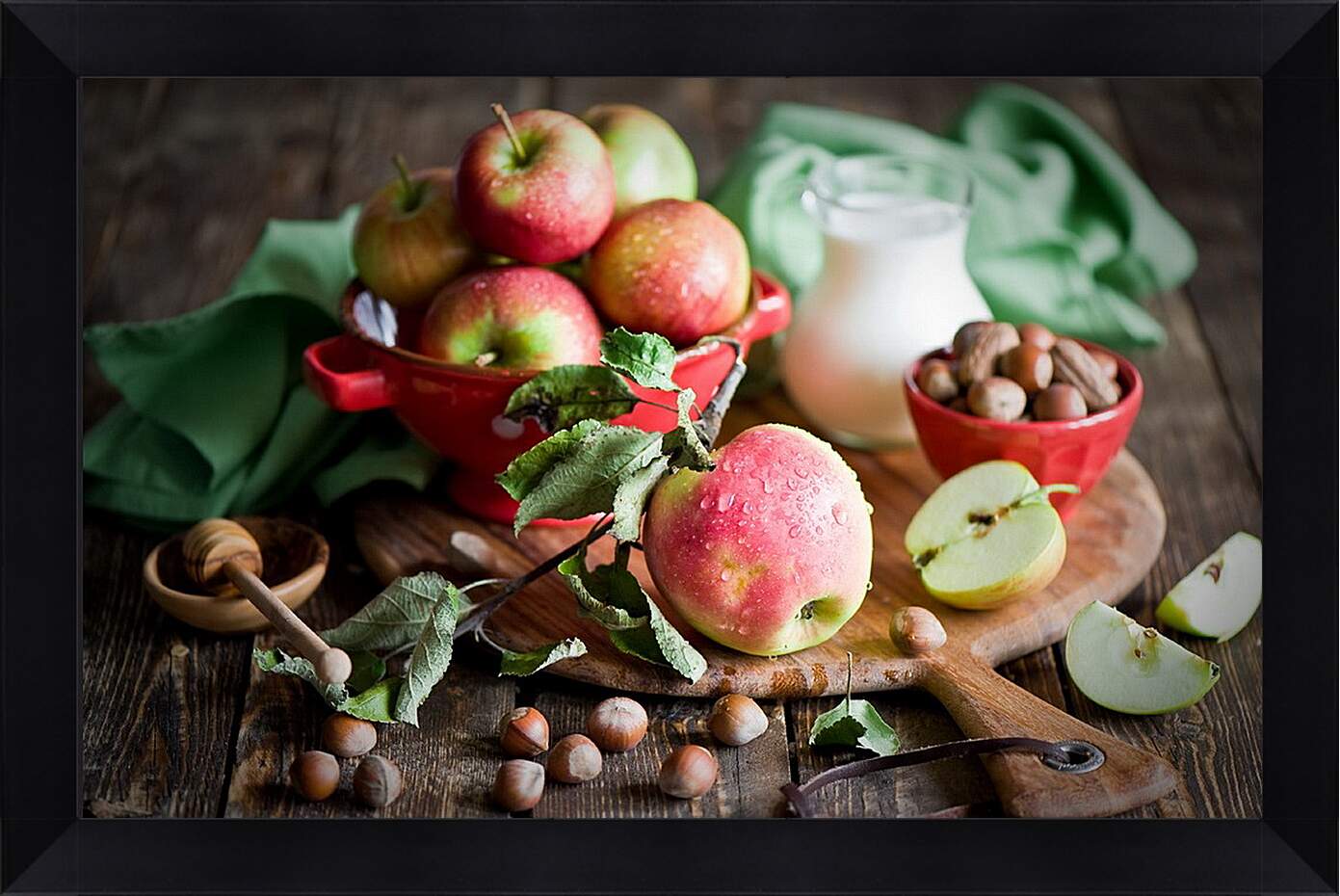 Картина в раме - Яблоки, орехи и кувшин молока