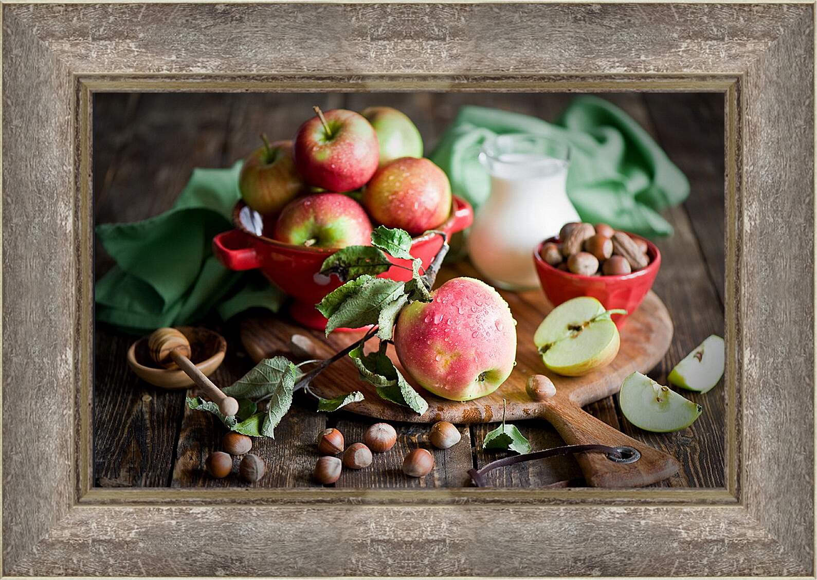 Картина в раме - Яблоки, орехи и кувшин молока