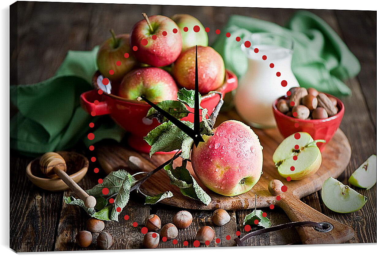 Часы картина - Яблоки, орехи и кувшин молока