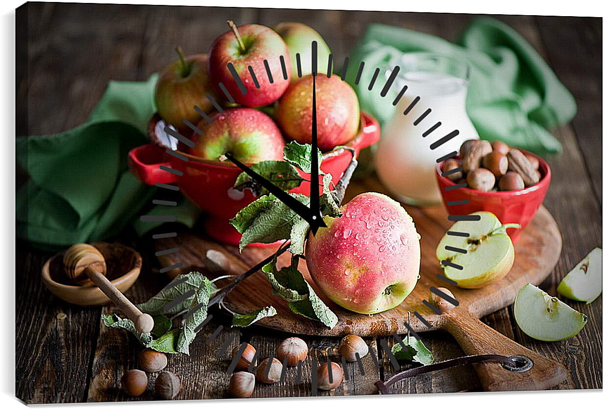 Часы картина - Яблоки, орехи и кувшин молока