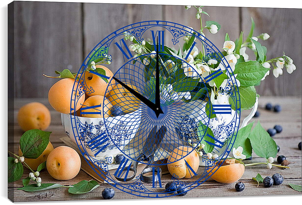 Часы картина - Абрикосы, голубика и цветы