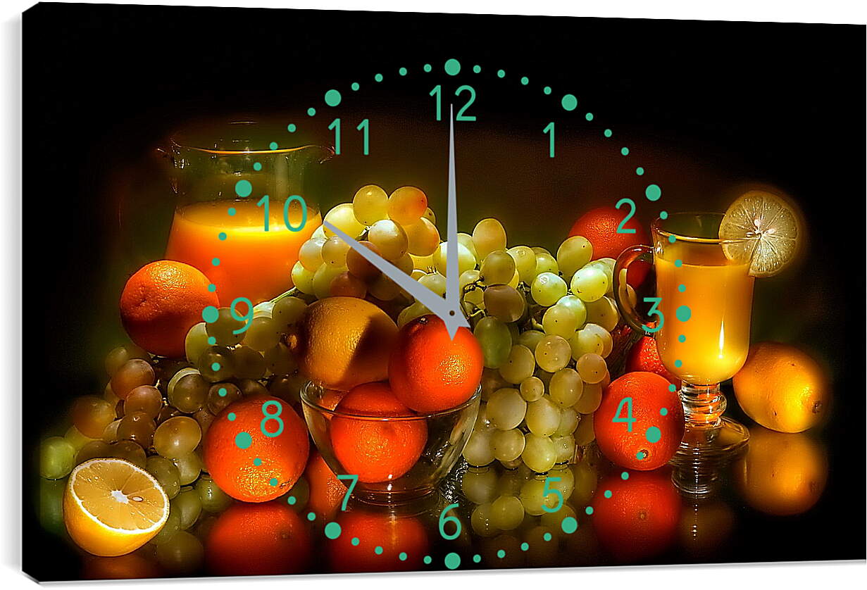 Часы картина - Мандарины, виноград, сок