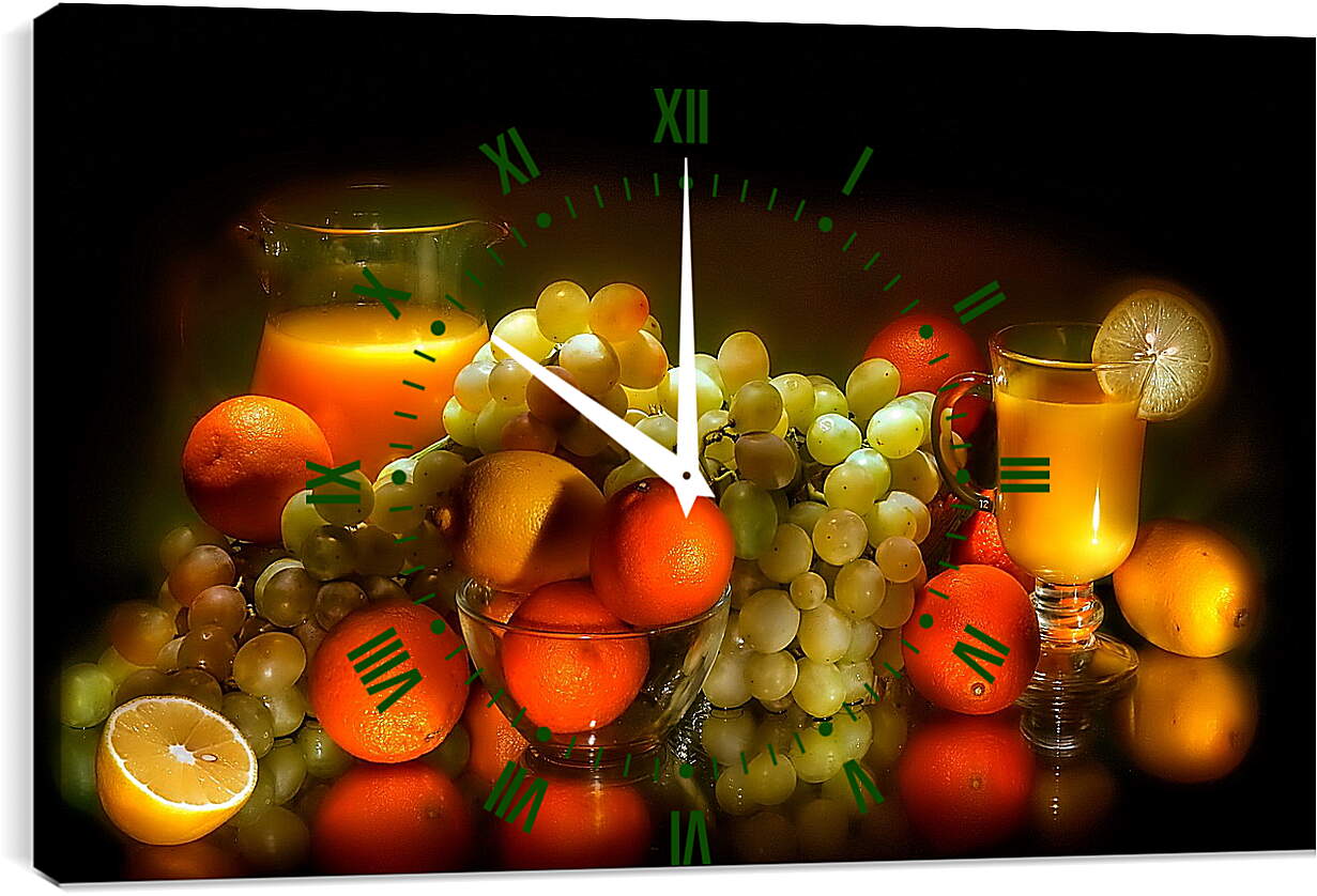 Часы картина - Мандарины, виноград, сок