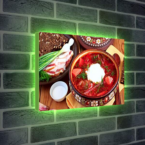 Лайтбокс световая панель - Тарелка борща со сметаной, лук, хлеб и сало