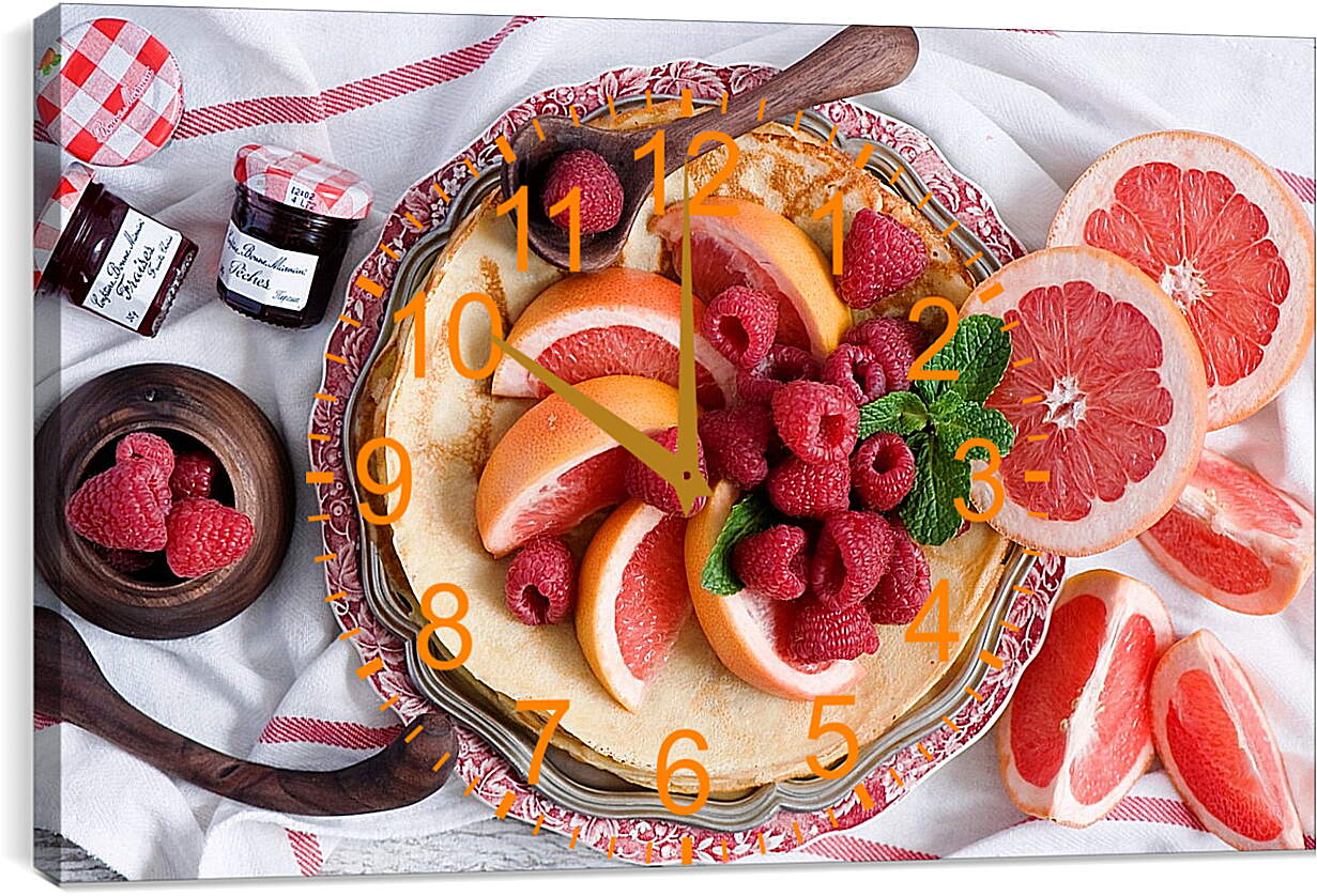Часы картина - Блины, грейпфрут и малина