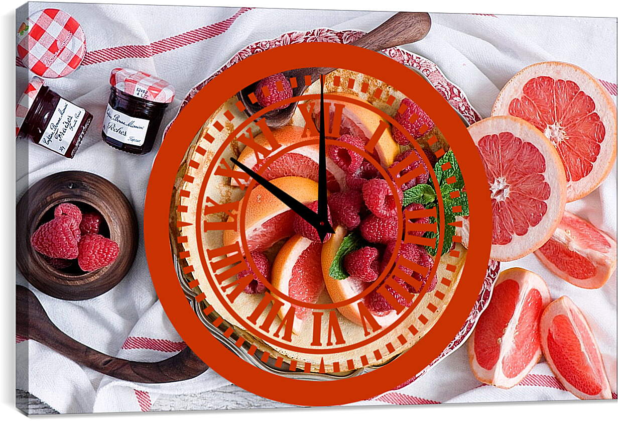 Часы картина - Блины, грейпфрут и малина