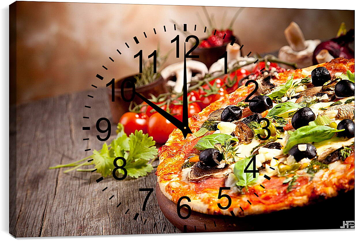 Часы картина - Пицца, помидоры и грибы