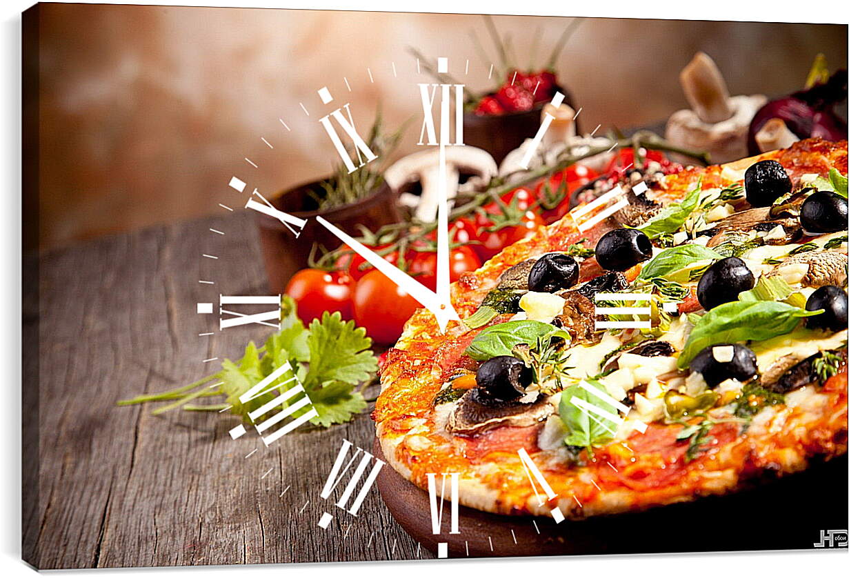 Часы картина - Пицца, помидоры и грибы