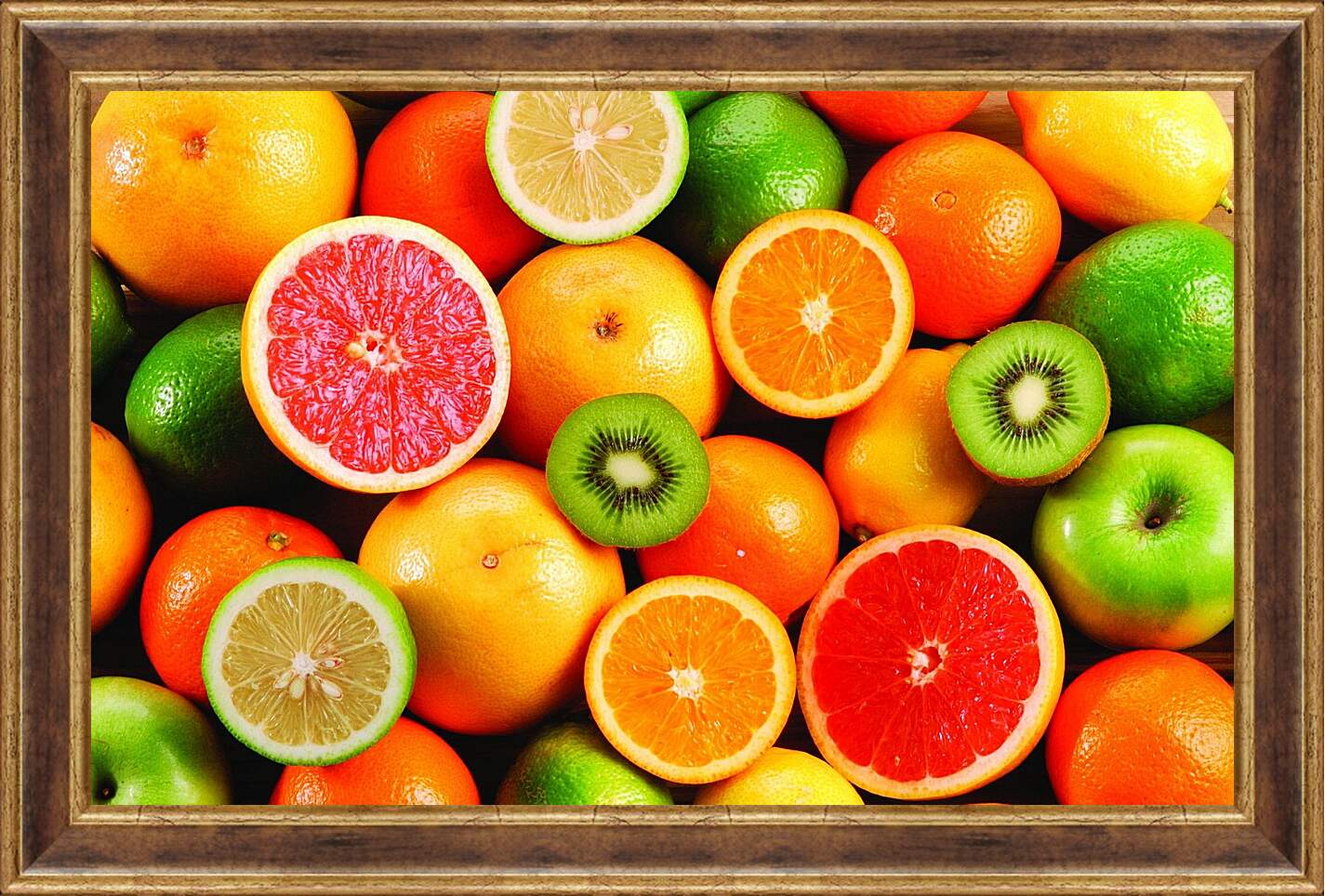 Картина в раме - Грейпфрут, яблоко, апельсин, лайм, киви