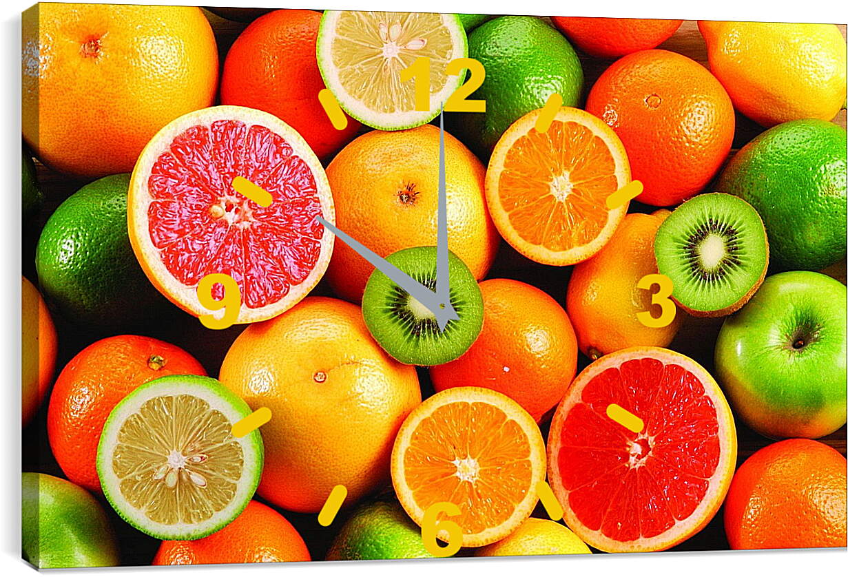 Часы картина - Грейпфрут, яблоко, апельсин, лайм, киви