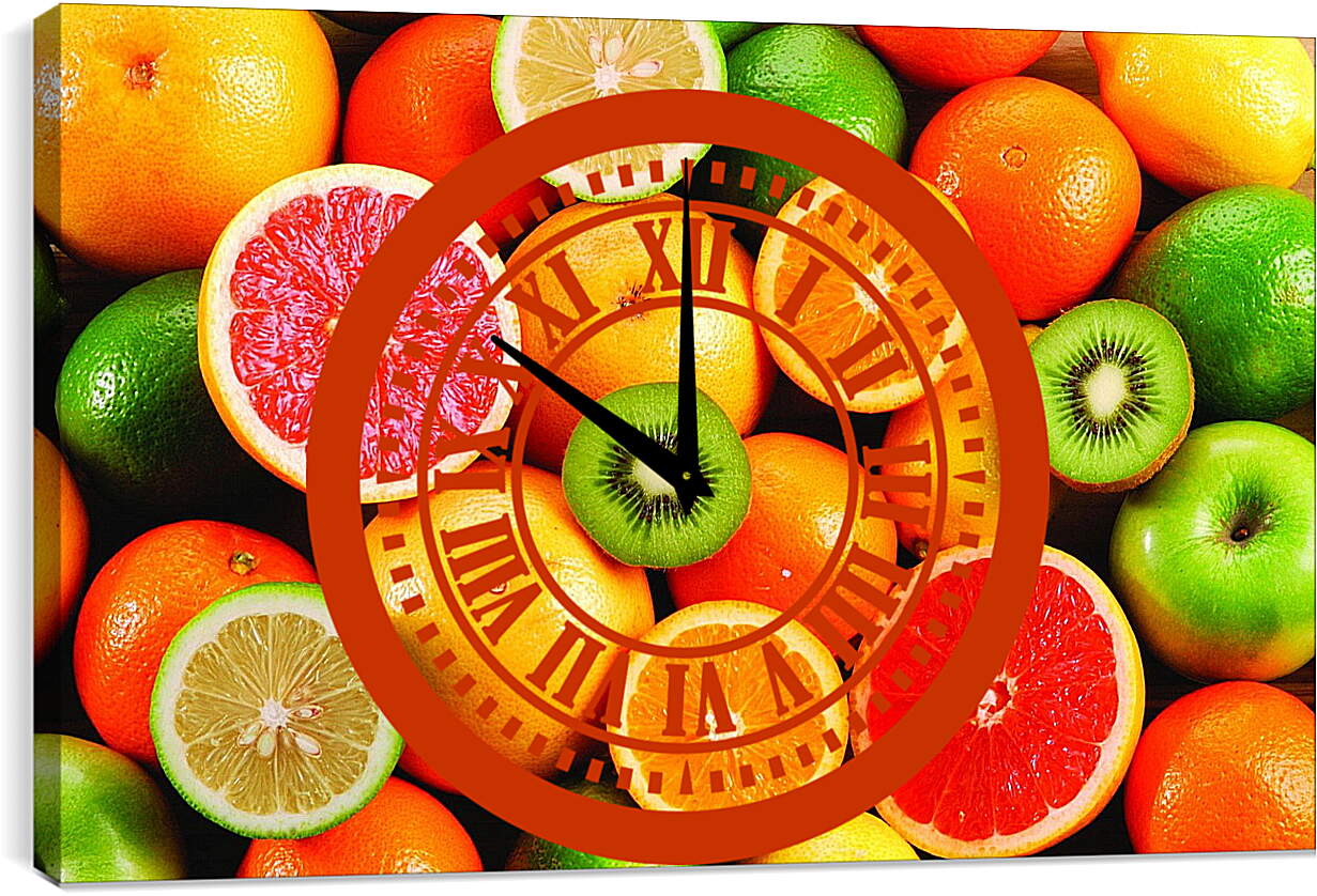 Часы картина - Грейпфрут, яблоко, апельсин, лайм, киви