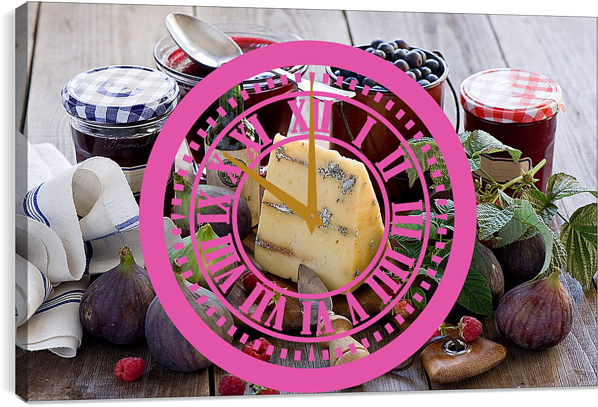 Часы картина - Банки варенья, сыр и малина на столе
