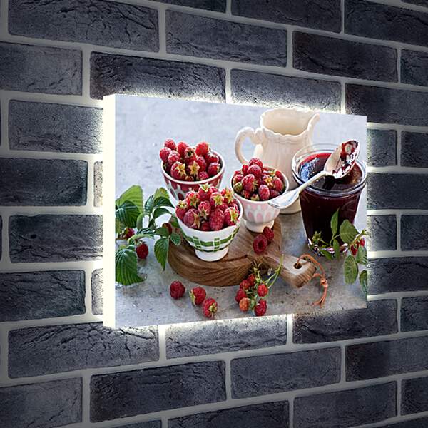 Лайтбокс световая панель - Три чашки полные малины и варенье с ложкой