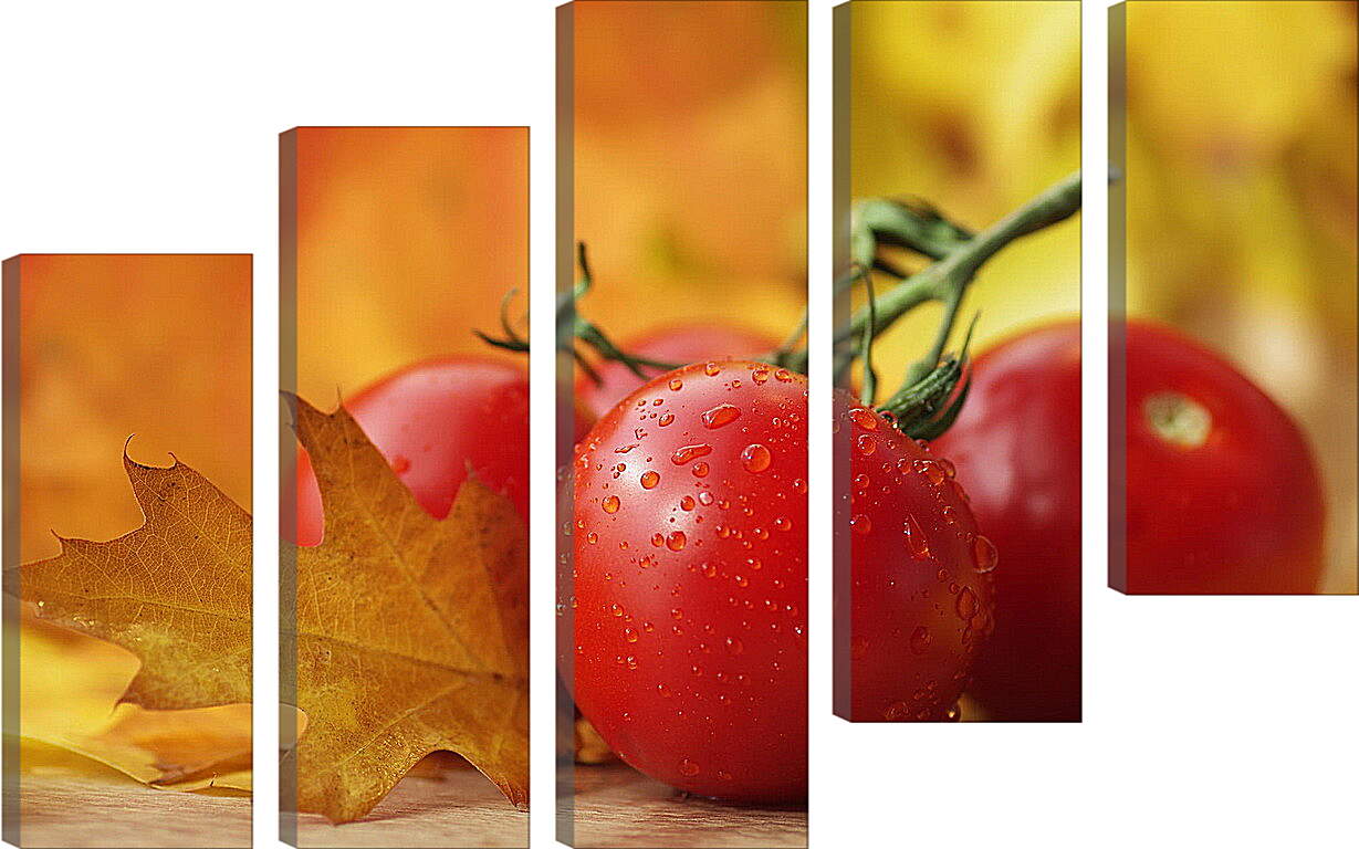 Модульная картина - Четыре помидора и осенние листья на столе